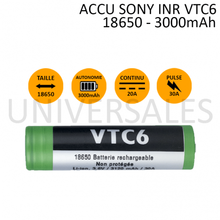 Accu VTC6 18650 INR 3000mAh pour cigarette électronique -Universales
